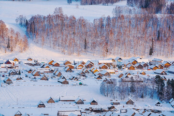 Hemu Village, Snowy Mountains, Forests, and Winter Snow Scenery in Xinjiang Uygur Autonomous Region, China On March 1st, 2023