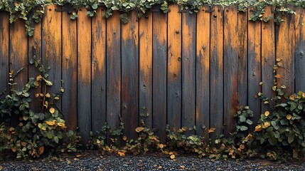 Rustic wooden fence overgrown with vibrant ivy bathed in soft autumn light. AI Generated