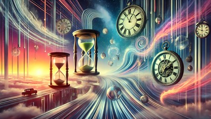 Surreal background depicting the distortion of time. Melting clocks, floating hourglasses, and warped landscapes blend with futuristic neon elements. A dreamlike mix of past and future