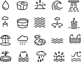 Water elements and sea icon set in vector design, featuring rain, waterfall, cloud, and ocean symbols, ideal for nature and weather-themed illustrations