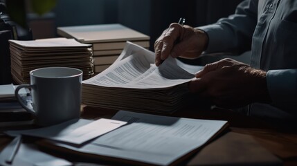 Fototapeta premium A criminal investigation officer reviewing case files on a desk in an office. Featuring careful document analysis and organization