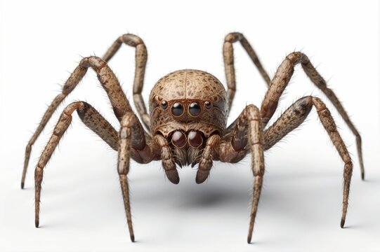 Close-up of a large brown spider against a white background.