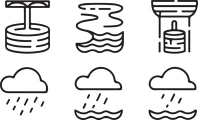 Waterfall, rain, and cloud icon set in vector design, featuring water flow, rain showers, and climate elements