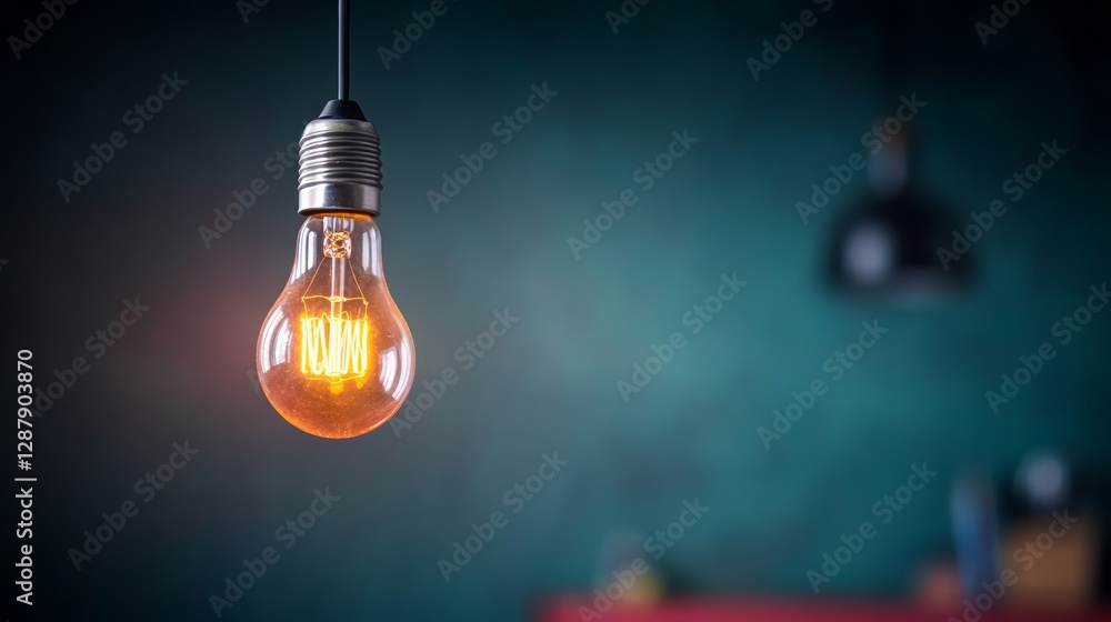 Poster single light bulb hanging from a ceiling. the light bulb is lit up and is the only source of light i
