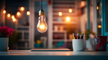 Light bulb is suspended from the ceiling in a room. The bulb is lit up and the room is dimly lit. The room has a cozy and intimate atmosphere