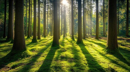 Obraz premium A sunlit woodland with tall trees casting long shadows and vibrant green moss covering the forest floor.
