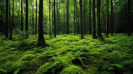 Obraz premium A thick, lush evergreen forest with a carpet of ferns and soft green moss covering the ground.