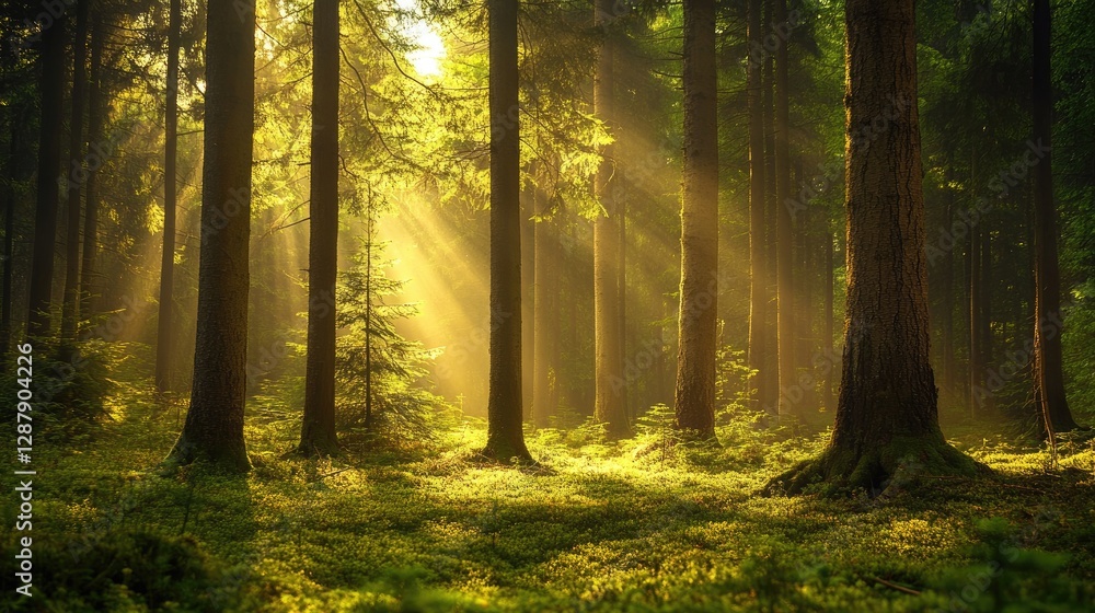 Poster a tranquil evergreen forest scene with a dense wall of trees and a few rays of sunlight shining thro