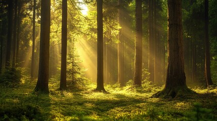Fototapeta premium A tranquil evergreen forest scene with a dense wall of trees and a few rays of sunlight shining through the branches.