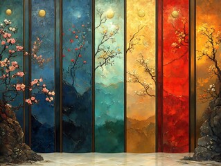 Vibrant painted panels depict serene landscapes subtly shifting colors. AI Generated