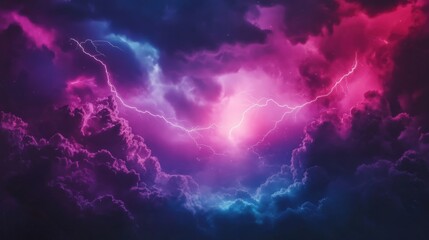 Dramatic lightning storm at night. Pink and blue hues illuminate the dark clouds.