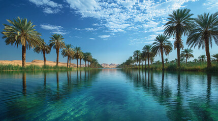 Naklejka premium Serene Oasis: A mesmerizing oasis with a line of palm trees casting reflections in the crystal-clear water, under a bright blue sky.
