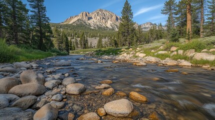 A tranquil mountain river with smooth rocks and clear water, surrounded by towering pine trees.