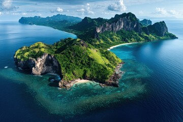 Tropical island escape featuring vibrant foliage, dramatic shorelines, and shimmering azure seas - stunning aerial perspective for nature lovers and adventure seekers