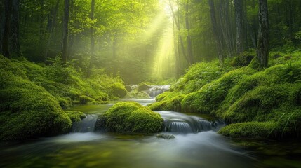 A tranquil stream winding through a mossy forest with a soft light illuminating the water.