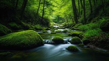 Obraz premium A tranquil stream winding through a mossy forest with a soft light illuminating the water.