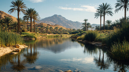 Fototapeta premium Serene Oasis Reflection: Palm trees and mountains frame the calm water of an oasis, reflecting the tranquil beauty of nature and the desert landscape.