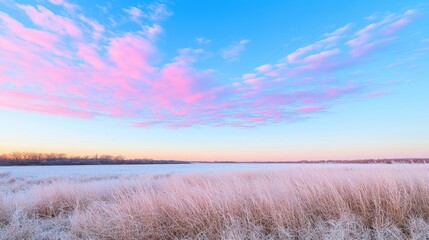 Frozen field, pink sunrise, tranquil morning landscape
