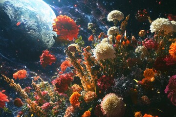 Obraz premium Blooming planet full of vibrant flowers set against a cosmic backdrop