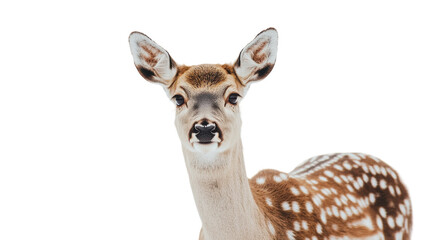 Obraz premium Young deer standing calmly with a curious expression in a neutral background, showcasing its distinctive spots and gentle features during daylight