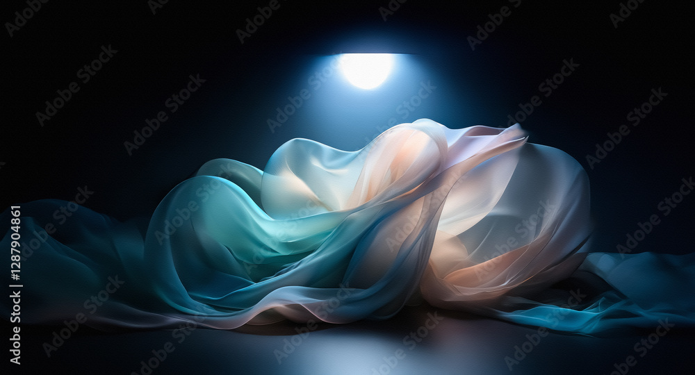 Poster soft draped fabric catches a bright spotlight in a dark setting. the material flows and folds, creat