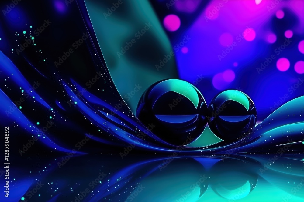 Poster an abstract composition featuring two glossy spheres resting on a flowing, colorful surface. the bac