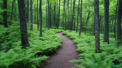 A tranquil woodland with a winding trail through a forest of tall, lush trees and vibrant green ferns.