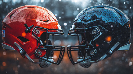 Clash of the Titans: Two American football helmets face off, their metallic surfaces gleaming with a touch of ice, symbolizing the intensity of the sport and the battle for victory.