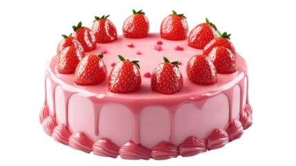Delicious strawberry cake decorated with fresh strawberries and pink icing on display at a bakery