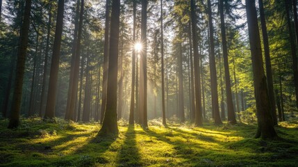 Obraz premium A vibrant evergreen forest with sunlight filtering through the tree branches, casting patterns on the forest floor.