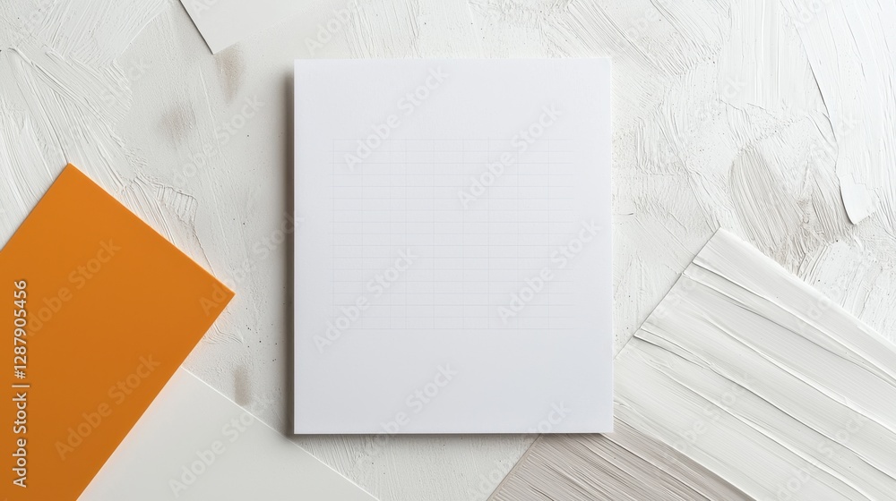 Poster minimalist workspace with a blank notebook and colored paper on a textured background.