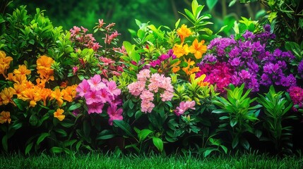 Obraz premium A vibrant flower garden with a mix of bright-colored flowers and shrubs, set against a natural green backdrop.