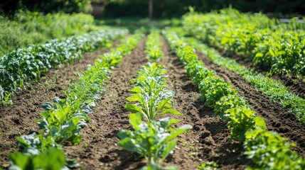 A well-maintained vegetable garden with rows of different crops growing in neat rows, under the warm sun.