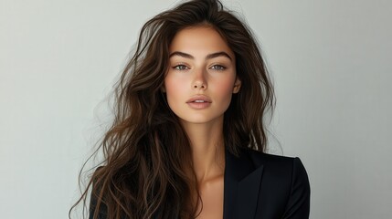 Naklejka premium A beautiful woman with long hair wearing an oversized black blazer, looking directly at the camera, against a white background.