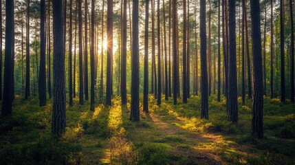 Obraz premium A woodland filled with tall trees and dense underbrush, where sunlight and shadows dance across the ground.