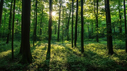Obraz premium A woodland filled with tall trees and dense underbrush, where sunlight and shadows dance across the ground.