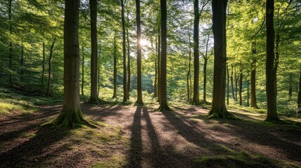 Obraz premium A woodland filled with tall trees and dense underbrush, where sunlight and shadows dance across the ground.