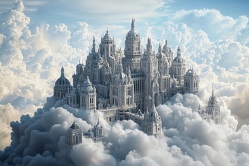 Fototapeta premium City of clouds with towering skyscrapers and serene blue sky at sunset