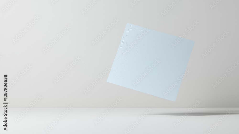 Poster minimalistic floating blue cube on neutral background, emphasizing simplicity and design balance.
