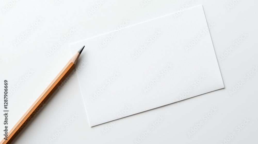 Poster minimalistic image of a blank white card with a pencil on a clean surface, perfect for design or pre