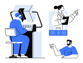 Medical professional with clipboard communicating on screen, surgeon operating at computer, patient interacting virtually. Ideal for healthcare, telemedicine, remote consultation, virtual treatment