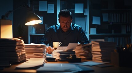A criminal investigation officer working late at a desk filled with case files. Featuring long hours and dedication