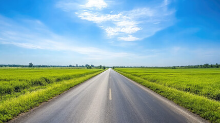 Fototapeta premium Wide road into distance, flanked by green fields and blue sky. High-definition, horizontal composition. Serene beauty.
