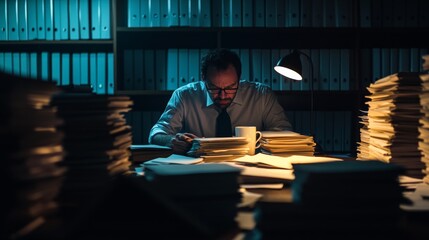 A criminal investigation officer working late at a desk filled with case files. Featuring long hours and dedication