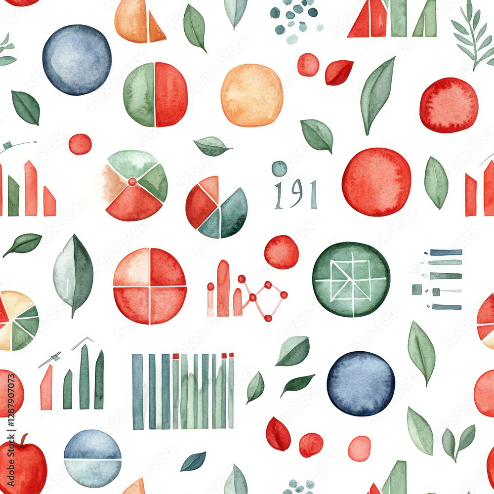 Poster watercolor charts and leaves pattern data visualization on white background creates seamless, repeat