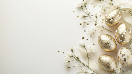 Obraz premium Elegant Easter eggs with gold accents and flowers on light background