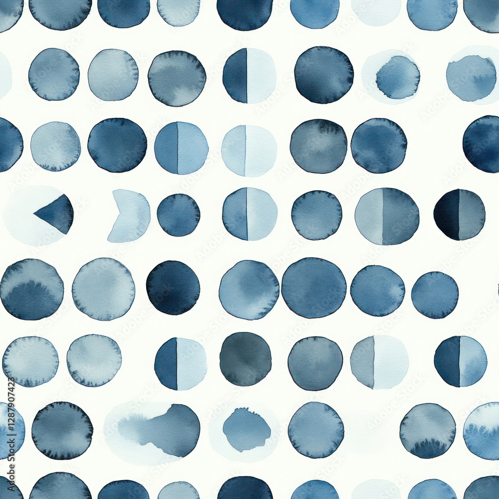 Aufkleber watercolor circles pattern; blue blobs create repeat design on a white surface, artistic painting in