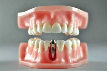 Obraz premium Dental implants displayed in a model of a human jaw demonstrating oral health and restoration procedures