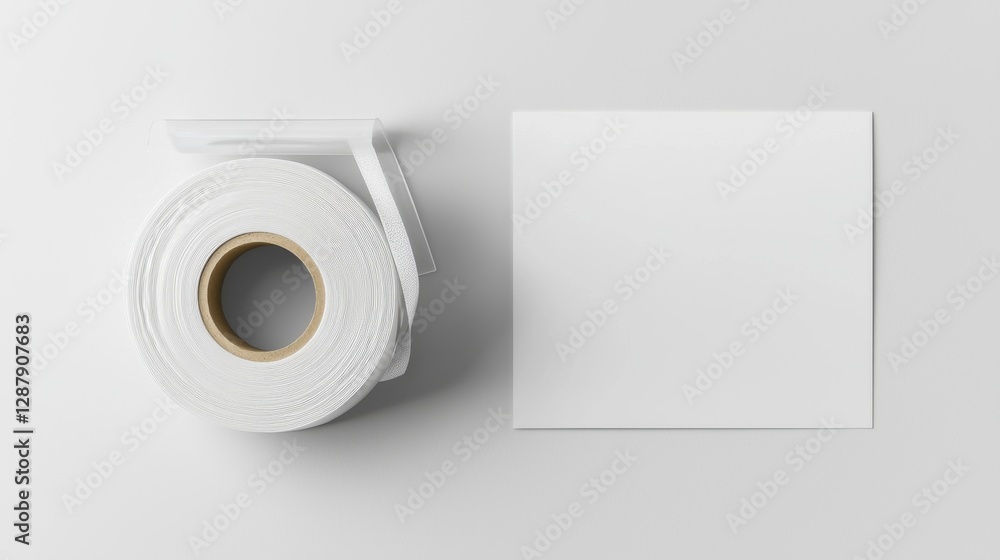 Poster minimalistic top view of a blank white paper roll and sheet on light surface.