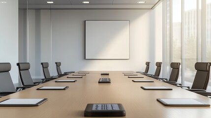 Fototapeta premium Office meeting room with a minimalist wooden table, conference phone, and chairs arranged neatly around it.